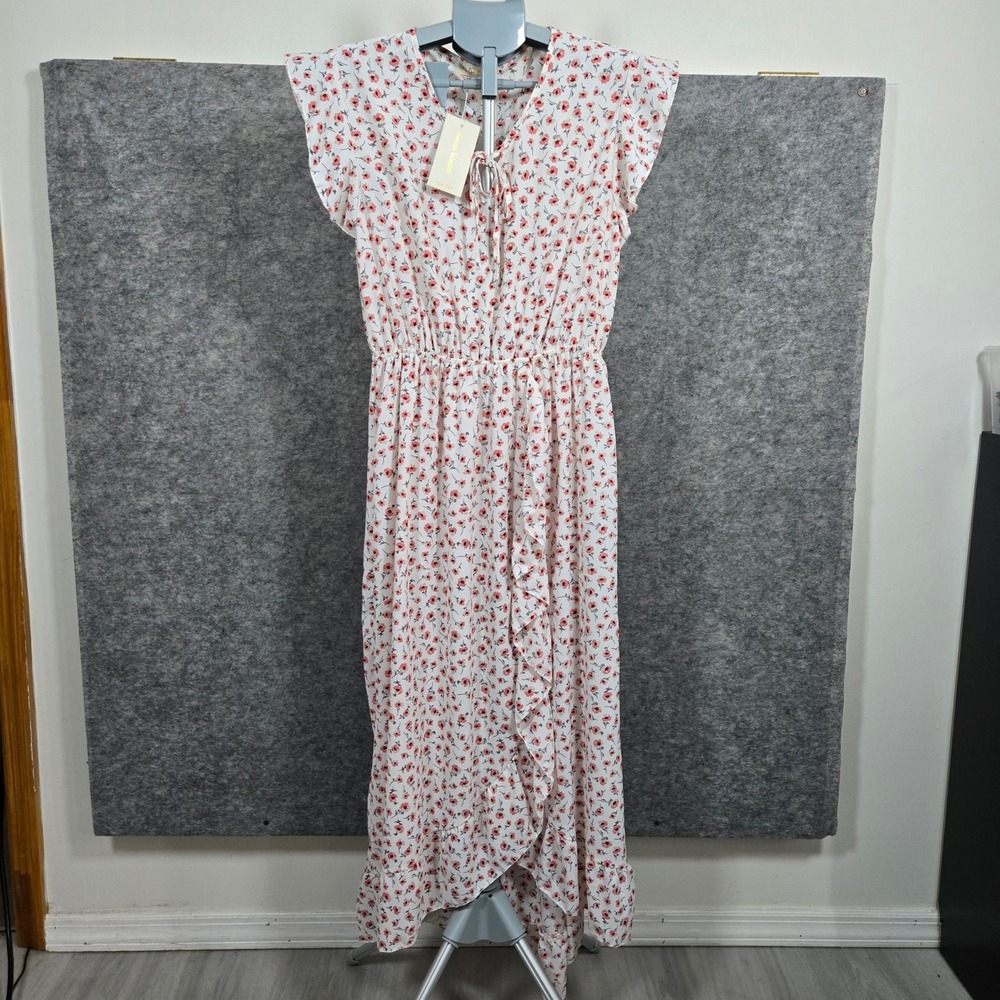 Seven Islands Womens White Pink Floral Ruffle High Low Maxi Dress Size M